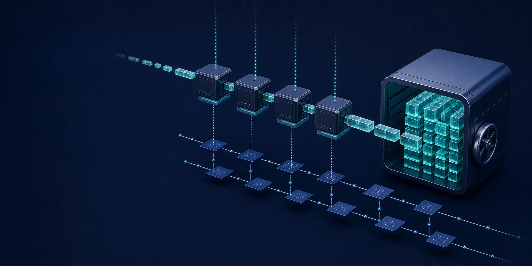 Replaceable compute nodes move immutable record blocks into durable object storage while a separate metadata lattice preserves ordering.